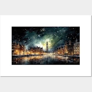 Oil Painting of a City on a Frozen River Posters and Art